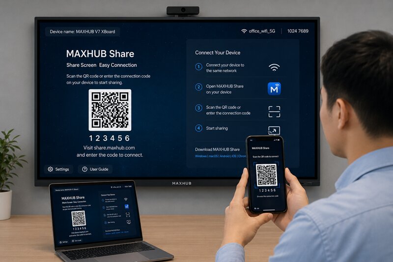 Người dùng có thể kết nối nhanh với Maxhub V7 XBoard thông qua mã QR hoặc mã ghép nối trên Maxhub Share
