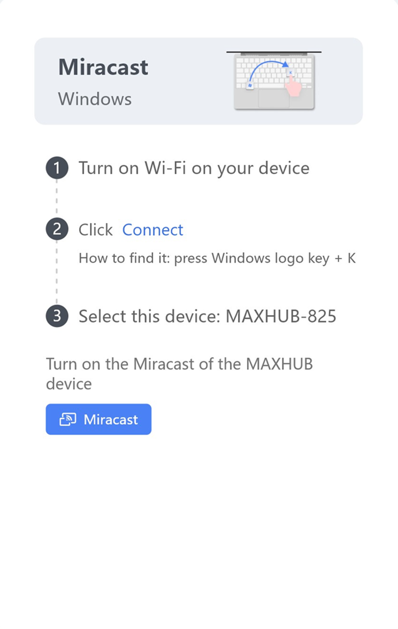 Tính năng Miracast trên Windows cho phép kết nối trực tiếp với Maxhub V7 XBoard mà không cần dây cáp