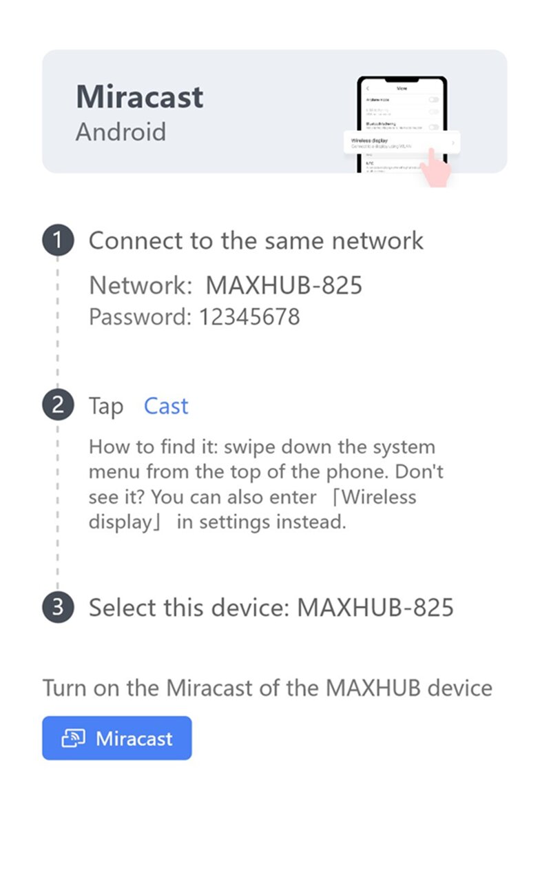 Miracast hỗ trợ chia sẻ màn hình không dây từ điện thoại Android lên Maxhub dễ dàng và tiện lợi
