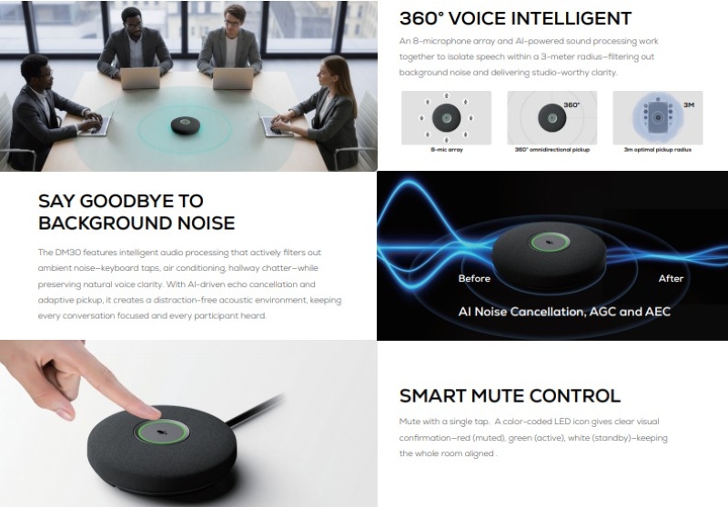 Maxhub Mic Pod DM30 được trang bị công nghệ AI và tích hợp nút tắt tiếng chỉ với một chạm